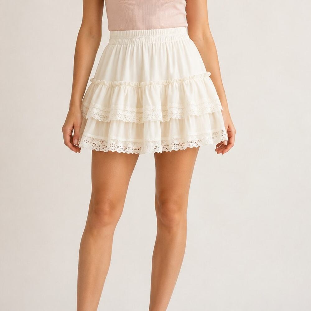Generation Love Tiered Mini Skirt XS Off White Lace Trim Ruffle Boho Romantic
